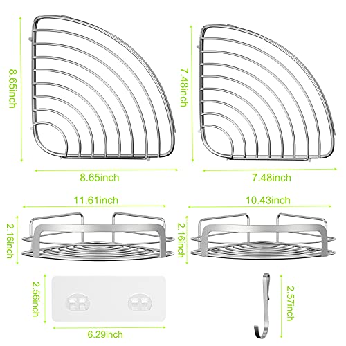 STEUGO Shower Caddy Corner, Bathroom Corner Shower Shelfs, Adhesive Wall Mounted Shower Caddy with 4 Movable Hooks, SUS304 Stainless Steel Bath Storage Shower Organizers, 2 Pack