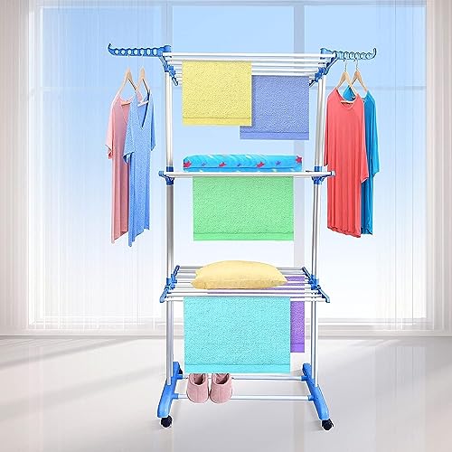 SKY-TOUCH 3 Layers Clothes Drying Rack Folding Clothes Rail Of Clothes Hanger, Adjustable Stainless Steel Hanger With Two Side Folding Wings For Indoor And Outdoor, Blue