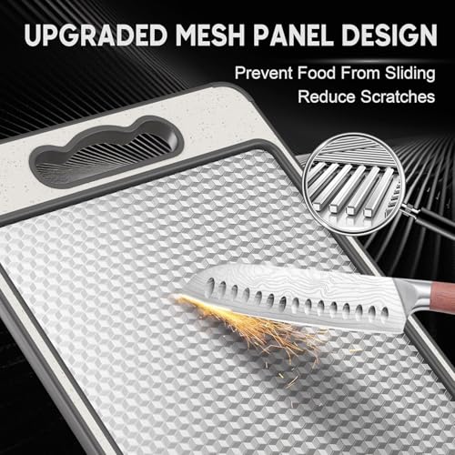 Angju Cutting Board Double Sided,Stainless Steel Cutting Board for Kitchen,Non-slip Scratch-resistant Mesh Design with Juice Groove and Knife sharpener,Food-Grade Wheat Straw PP Chopping Board