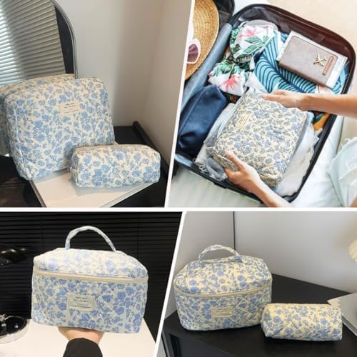 xiaochen 3PCS Makeup Bag Set,Cotton Quilted Makeup Bag,Floral Large Travel Cosmetic Bag,Flower Travel Toiletry Bag, Cute Aesthetic Toiletry Bag for Women Girls
