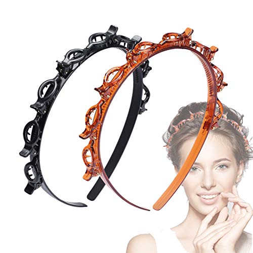 JASSINS 2 Pcs Double Bangs Hairstyle Hairpin Headband, Professional Weave Bangs Clip, Twist Clip Headband with Toothed Headband Braid Tool, Women Girls Fashion Hair Accessories (Black and Brown)