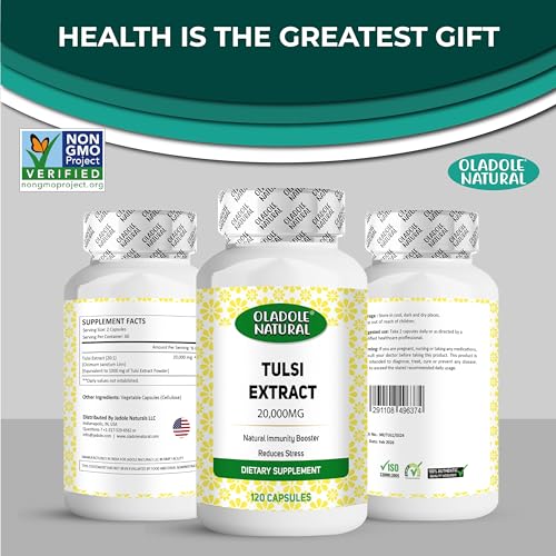 Oladole Natural Tulsi Extract - 20000mg (120 Capsules) | Improves Skin, Hair Health, Anti-Oxidant, Anti-Inflammatory, Remedy for Cold, Cough, Immunity Boost, Respiratory Health | Non-GMO, Gluten Free