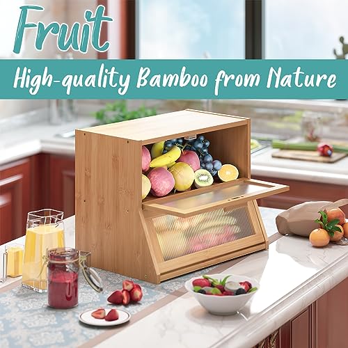 Vriccc Black Large Bread Box for Kitchen Counter, Bamboo Wooden Double Layer Large Capacity Bread Storage Bin with Acrylic Wavy Door Panel (Natural)