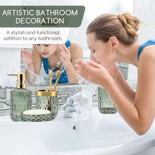 Topsky Green Bathroom Accessory Set, Glass Bathroom Decor Countertop Organizer,5Pcs Bathroom Accessories with Lotion Dispenser(Cylindrical), Soap Dish, Toothbrush Holder, Tumbler, Cotton Swab Jars