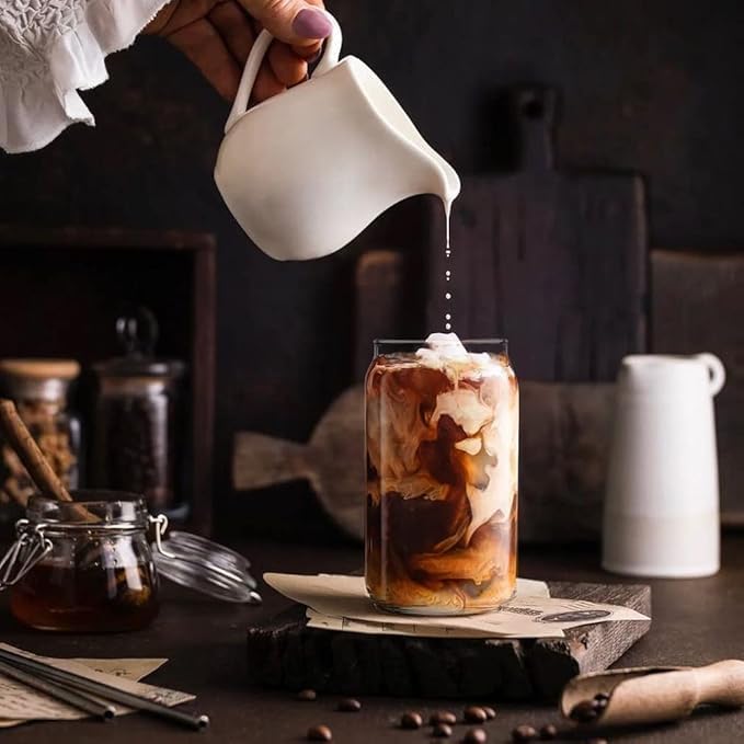 2PCS Drinking Glasses with Bamboo Lids and Glass Straw, Beer Can Shaped Glass Cups, Tumbler Cup Ideal For Beer, Tea, Soda, Iced Coffee Include 500ml