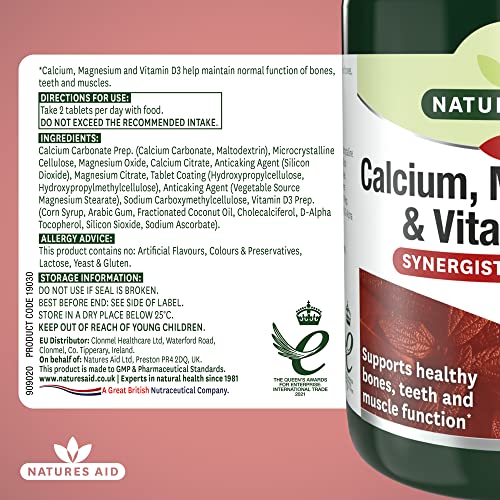 Natures Aid Calcium, Magnesium and Vitamin D3 | 60 Tablets | For the Maintenance of Normal Bones, Teeth, and Muscle Function | Suitable for Vegetarians and Vegans