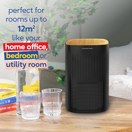 Russell Hobbs Air Purifier for Bedroom and Home 100m³/h CADR, Carbon Filter 99.95% Catches Bacteria, Allergy Odor Dust, LED Screen, Mini Clean Air Scent, Scandi Wood Effect