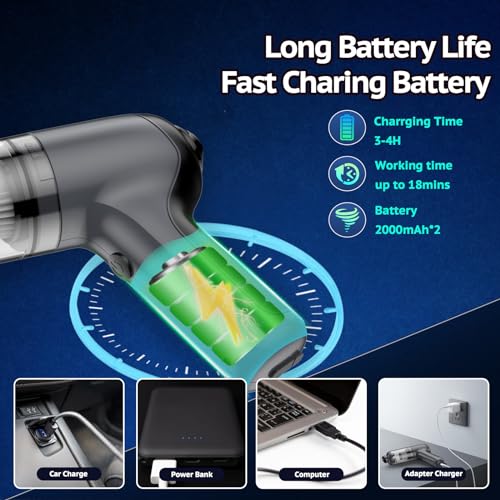 Kaihery Car Vacuum Cleaner, 8000PA Vacuum Vleaner with Strong Suction Power, 2 In 1 Vacuum & Air Duster, USB Charge, Portable Mini Cordless Handheld Vacuum Cleaner for Car, Home, Office, Pet