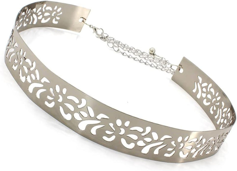 Celebrity Inspired Adjustable Metal Kamarband Waist Belt - 3.5 cm Wide Hollow Silver