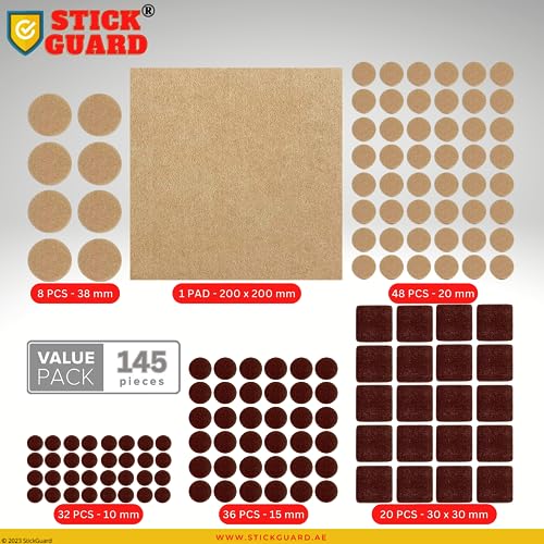StickGuard Felt Furniture Pads, Self Adhesive Furniture Pads, 145 PCS Premium Felt Pads for Furniture Legs, Scratch Resistant Wood Floor Protectors for Hardwood and Laminate (145 PCS Brown & Beige)