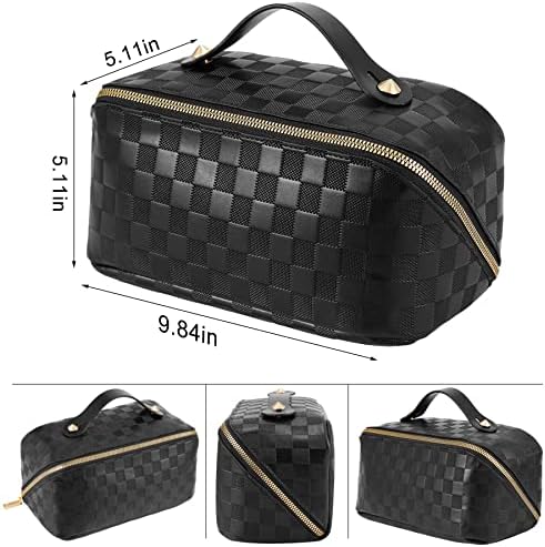 ALEXTINA Large Capacity Travel Cosmetic Bag - Portable Makeup Bags for Women Travel Toiletry Bag Waterproof Leather Checkered Makeup Organizer Bag, Roomy Cosmetic Bag for Women and Girls, Black,