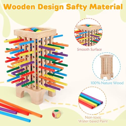 TOYBY Wooden Board Game Montessori Toys, 42 Colourful Sticks Dice Game Math Educational Toy, Family Fun Ball Dropping Game, 1 to 6 Players Fine Motor Skills Travel Games for 3 4 5 6 Years Old Boy Girl