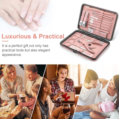 ChicAbode Manicure Set, Professional Pedicure Kit, Nail Clippers Kit, 18 Pcs Nail Care Tools, Grooming Kit, with Luxurious Upgraded Travel Case(Pink)