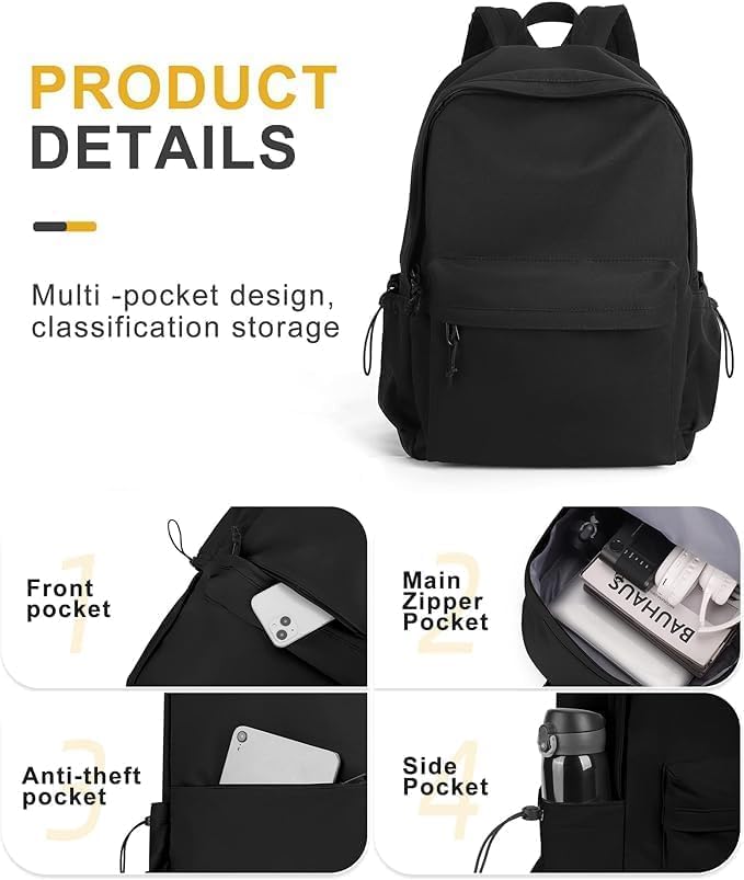 School Backpack Black Waterproof Bookbag Casual Lightweight Travel Rucksack Daypack Backpacks for Men Women College High School Bags backpack for Boys Girls Teens