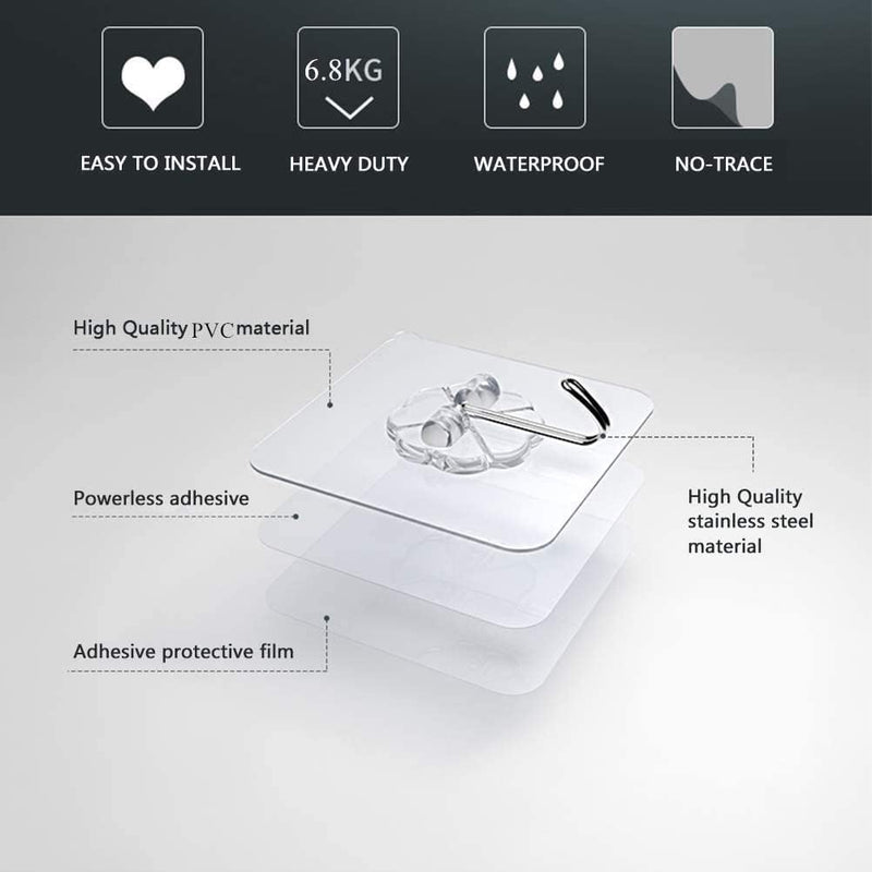Adhesive Hooks Heavy Duty 4lb(Max) Transparent Traceless Seamless Wall Hooks Waterproof for Kitchen Bathroom Office (12 Packs)