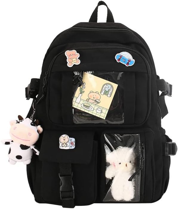 School bag, school bag leisure backpack middle school student laptop backpack, waterproof backpack, suitable as school bag, accessories plush pendant - black