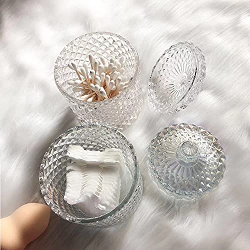 Cotton Ball and Swab Holder Organizer,Home Decor Clear Glass Bathroom Vanity Countertop Canister Jars with Lid, Room Decor Apothecary Jars Holder Makeup Organizer for Pads,Bath Salts 8.8OZ Set of 2