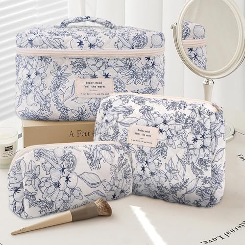 Joyzzz Makeup Bag, 3 PCS Large Floral Cosmetic Bag with Cotton Material, Quilted Makeup Bag with Zipper, Cotton Makeup Bag Set for Women and Girl, Flower Toiletry Bag for Travel, Daily Use