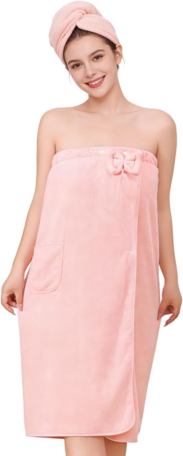 Women Wrap Towel Robe, Soft Highly Absorbent Shower Wrap Bathrobe with Snap Closure, Adjustable Spa Robe for After Bath, Includes Hair Turban, Pink Bathing Wrap for Ladies