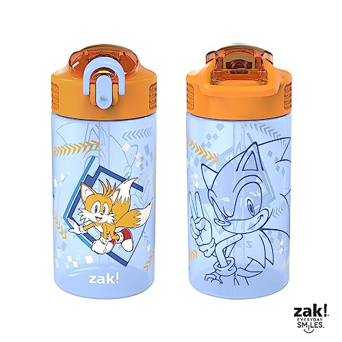 Zak Designs Sonic the Hedgehog Kids Water Bottle For School or Travel, 16oz 2-Pack Durable Plastic Water Bottle With Straw, Handle, and Leak-Proof, Pop-Up Spout Cover (Sonic, Tails)