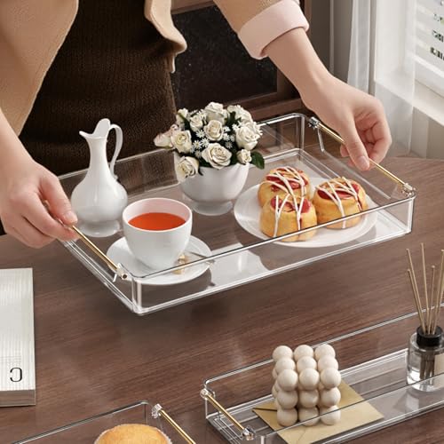 TenSteed Bathroom Trays,Vanity Tray with Gold Handles, Multi-Purpose Storage Organiser Set for Kitchen, Bathroom and Dining Table, Non-Slip Base (Transparent)