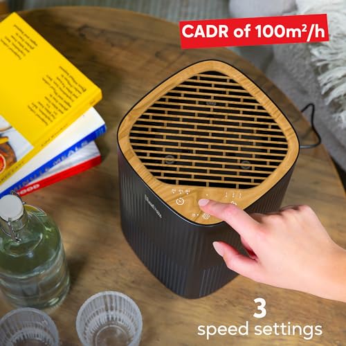 Russell Hobbs Air Purifier for Bedroom and Home 100m³/h CADR, Carbon Filter 99.95% Catches Bacteria, Allergy Odor Dust, LED Screen, Mini Clean Air Scent, Scandi Wood Effect