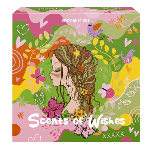 Body Mist Set for Girls Scents of Wishes - 5 Diamond-Shaped Glass Bottles Gold-Toned Finish 5 Exquisite Scents: Berries, Fruits, Citrus, Tropical Vibes,Floral; Fragrance Experience with Premium Design