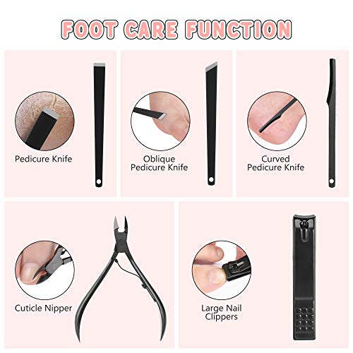Jubolion Manicure Set, 19pcs Stainless Steel Professional Nail Clippers Pedicure Set with Black Leather Storage Case, Portable Grooming Kit for Travel or Home, Perfect Gifts for Women and Men (Black)