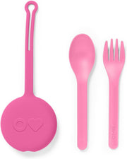 OmieBox Kids Utensils Set with Case - 2 Piece Plastic, Reusable Fork and Spoon Silverware with Pod for Kids (Capri Blue) - Bubble Pink