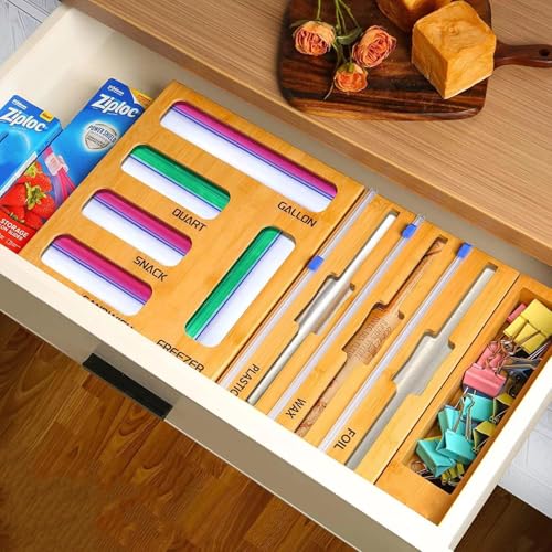 AIDALEE Storage Bag Organizer, Foil and plastic Wrap Dispenser with Cutter, Kitchen Organizers and Storage Compatible with Gallon, Quart, Sandwich, Snack Bags and 12" Aluminum Foil & Wax Paper