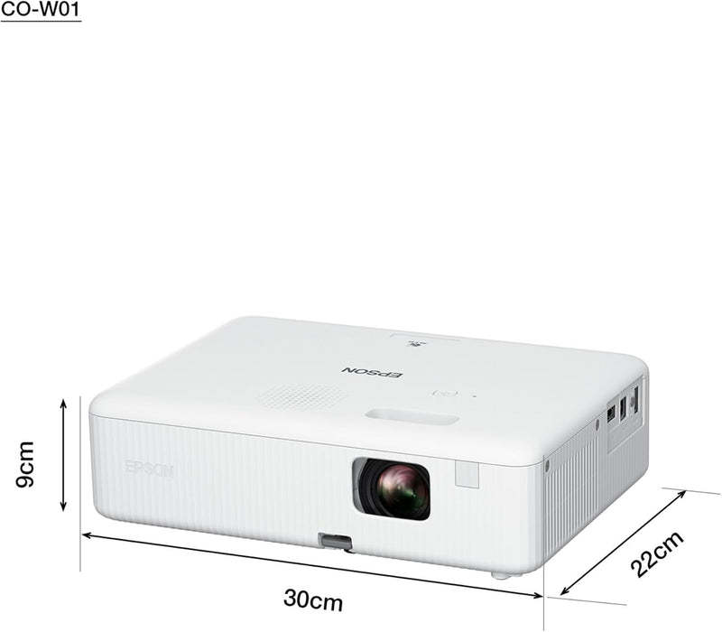 Epson CO-W01 WXGA Projector, 3LCD technology, 3,000 lumen brightness, 378inches screen size, White, Compact