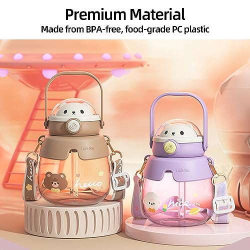 YumLock Kawaii Water Bottle for Kids School with Straw | Cute Bear Design | Large Capacity | Leak-Proof | BPA-Free | Reusable Girls & Women Cup for Travel, Sports, Camping | 860ml, Blue