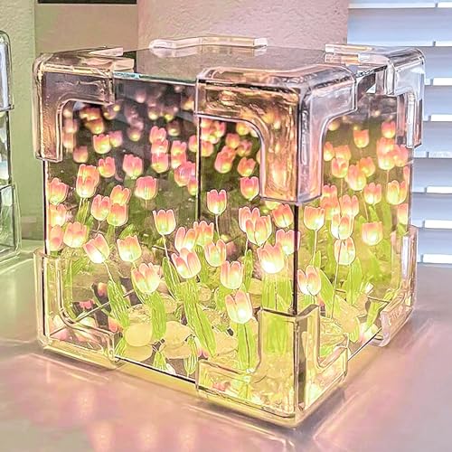 Excefore DIY Tulip Night Light, 21 Flowers Cloud Mirror Tulip Lamp, Infinity Mirror Lights, Light and Mirror 2 in 1 Portable LED Bedside Lamps, Flower Girl Gifts for Friends Couple Birthday