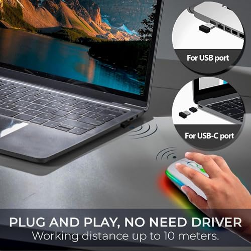 GraGra Wireless Rechargeable Bluetooth Mouse for Laptop, 2.4 GHz With 2 USB A to C Adapters, 3 Buttons, 800-2400 DPI, Computer Accessories