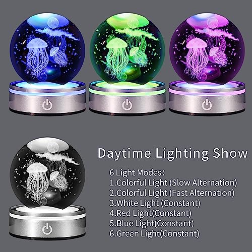QIANYMY Jellyfish 3D Crystal Ball with LED Light Base Unique Figurine Lamps Laser Engraved Nightlight for Kids Gifts Jellyfish Lovers Girlfriend Wife Mom Lovers Girls Boys Birthday Christmas