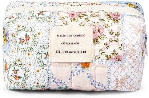 Sminra Floral Makeup Bag Large Cotton Quilted Cosmetic Makeup Bag Organizer, Aesthetic Portable Pouch Purse Toiletry Bag for Women Girls Travel accessories(Blue Floral-L)