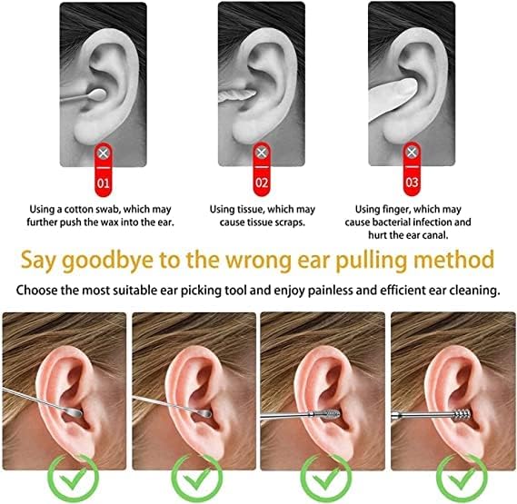 6-in-1 Earwax Removal Kit, Ear Pick Ear Cleansing Tool Set, Stainless Steel Ear Curette Spiral Ear Wax Remover Tool with Storage Bag for Travelling