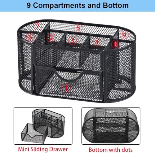KASTWAVE Mesh Desk Organizer, Desk Organizer Stationery Storage, Pencil Holder for Desk with 9 Compartments and Mini Drawer, Wire Mesh Office Supplies Desk Accessories & Workspace Organizers (Black)