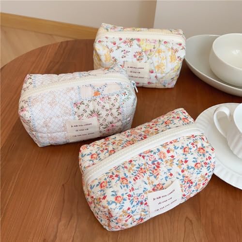 Sminra Floral Makeup Bag Large Cotton Quilted Cosmetic Makeup Bag Organizer, Aesthetic Portable Pouch Purse Toiletry Bag for Women Girls Travel accessories(Blue Floral-L)