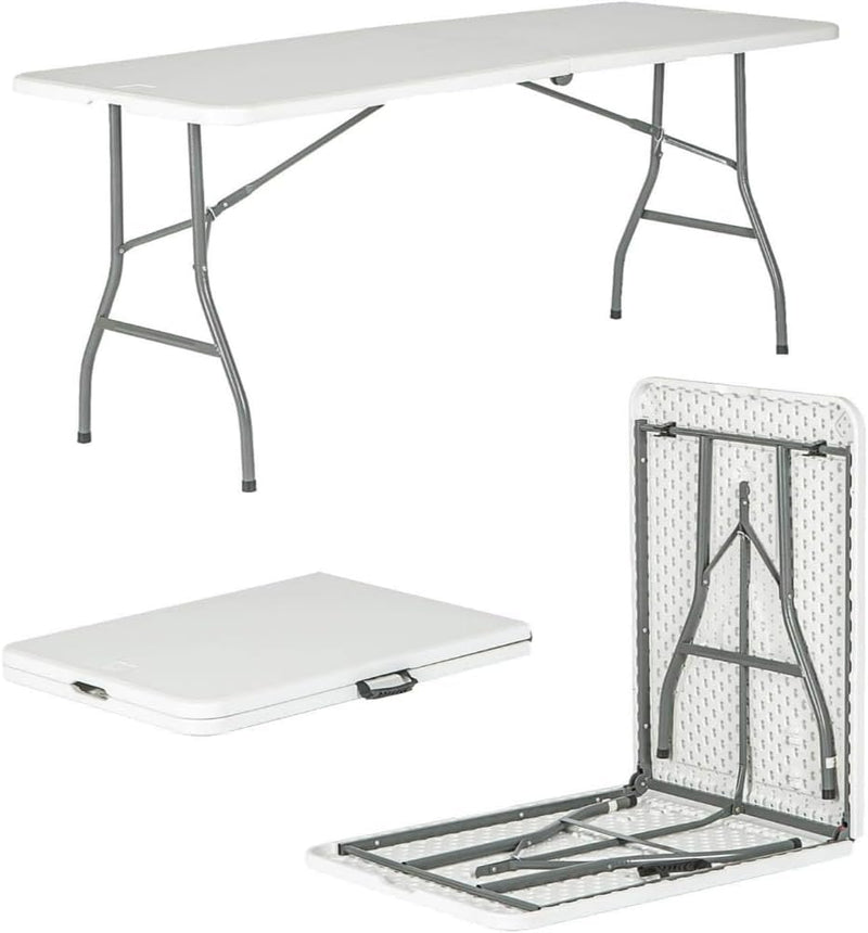 SKY-TOUCH Folding Lightweight Trestle Outdoor Camping Table,Heavy Duty Plastic Outdoor Folding Picnic Table,Folding Trestle Table For BBQ Party, Folds in Half with Carry Handle,White(1807575cm) - 180Ã75Ã75cm