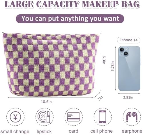 ZLFSRQ 3Pcs Checkered Makeup Bag for Women Large Cosmetic Bag Set Travel Toiletry Bag Makeup Pouch Bag for Purse Pink Zipper Storage Bag Organizer Cute Small Aesthetic Girls Car Essentials Bag