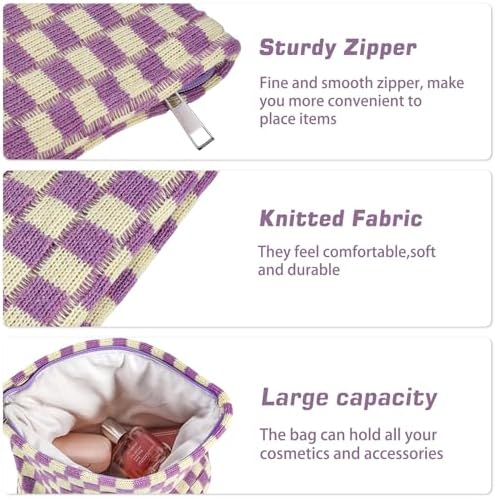 ZLFSRQ 3Pcs Checkered Makeup Bag for Women Large Cosmetic Bag Set Travel Toiletry Bag Makeup Pouch Bag for Purse Pink Zipper Storage Bag Organizer Cute Small Aesthetic Girls Car Essentials Bag