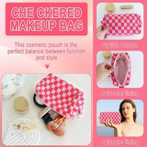 ZLFSRQ 3Pcs Checkered Makeup Bag for Women Large Cosmetic Bag Set Travel Toiletry Bag Makeup Pouch Bag for Purse Pink Zipper Storage Bag Organizer Cute Small Aesthetic Girls Car Essentials Bag