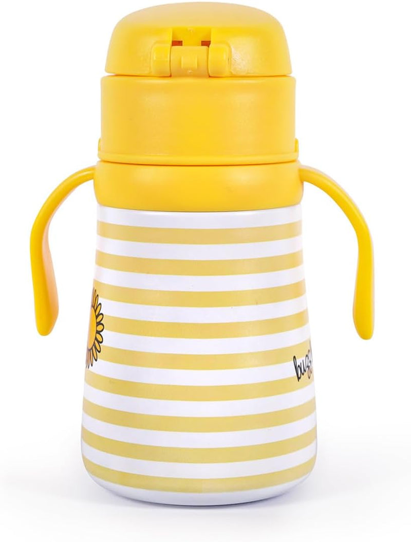 Milk&Moo Kids Steel Water Bottle 360ml Stainless Steel Thermos Water Bottle for Toddlers & Preschoolers Insulated Bottle with Straw Lid, Handle & Strap Leak-Proof Bottle (Bee Viz Viz)