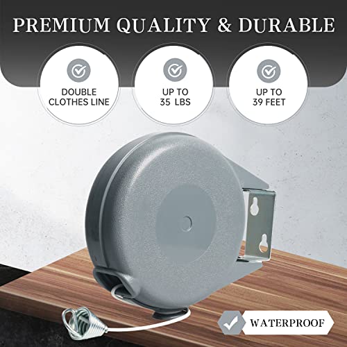 ZOES HOMEWARE Retractable Clothesline Heavy Duty Retracting Clothes Line Outdoor and Indoor with Durable ABS Shell and 40 Feet Extruded PVC Line,with Lock to Prevent Sagging Gray