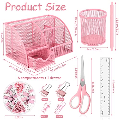 9 in 1 Pink Desk Organizers and Accessories Set, Pink Gifts Mesh Desk Organizer with Pink Stapler Pen Holder 1000 Staples Scissors Ruler Staple Remover Office Supplies Set Office Gift for Coworkers