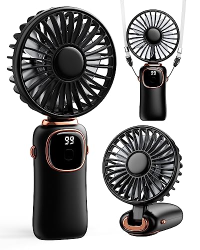 coldSky Portable Handheld Fan, 4000mAh Battery Operated Fan with LED Display, Handheld/Neck/Desk 3 in 1 Personal Small Fan, 90° Foldable Desk Fan with Base, 5 Speed Lash Makeup Fan for Women