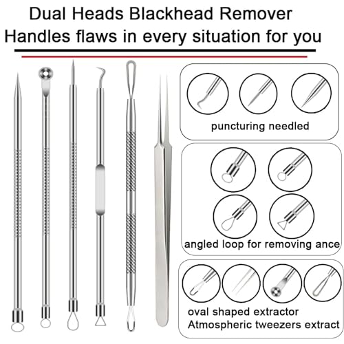 6 PCS Blackhead Remover Comedone Extractor Acne Needle Tools Set Professional Stainless Blackhead Tweezer Kit Removing Whitehead Popping Zit for Nose Face Skin Blemish Treatment Pimple Popper Tool Kit