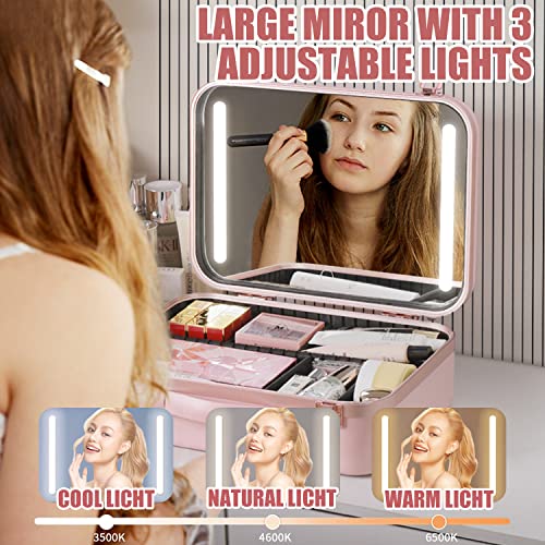 Angju Makeup Travel Lighted Case with Large LED Light Mirror Cosmetic Bag Organizer Professional Adjustable Divider Storage, Waterproof Portable Make up Train Box Accessories And Tools Case