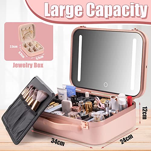 Angju Makeup Travel Lighted Case with Large LED Light Mirror Cosmetic Bag Organizer Professional Adjustable Divider Storage, Waterproof Portable Make up Train Box Accessories And Tools Case
